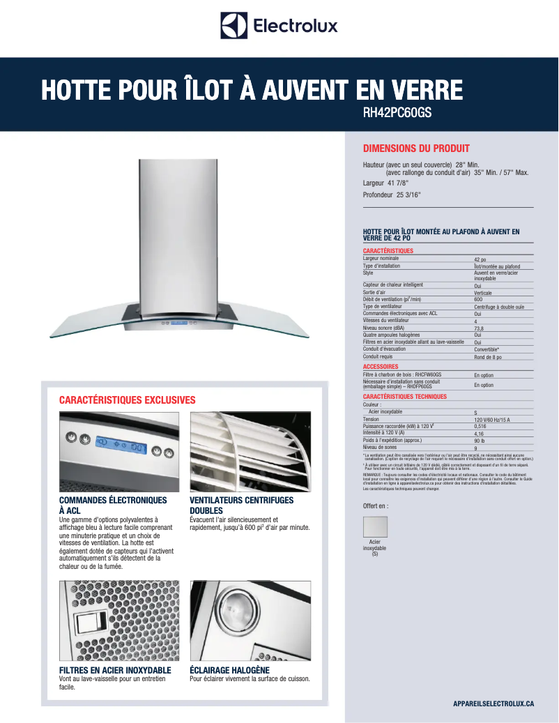 Page 1 de la notice Fiche technique Electrolux RH42PC60GS