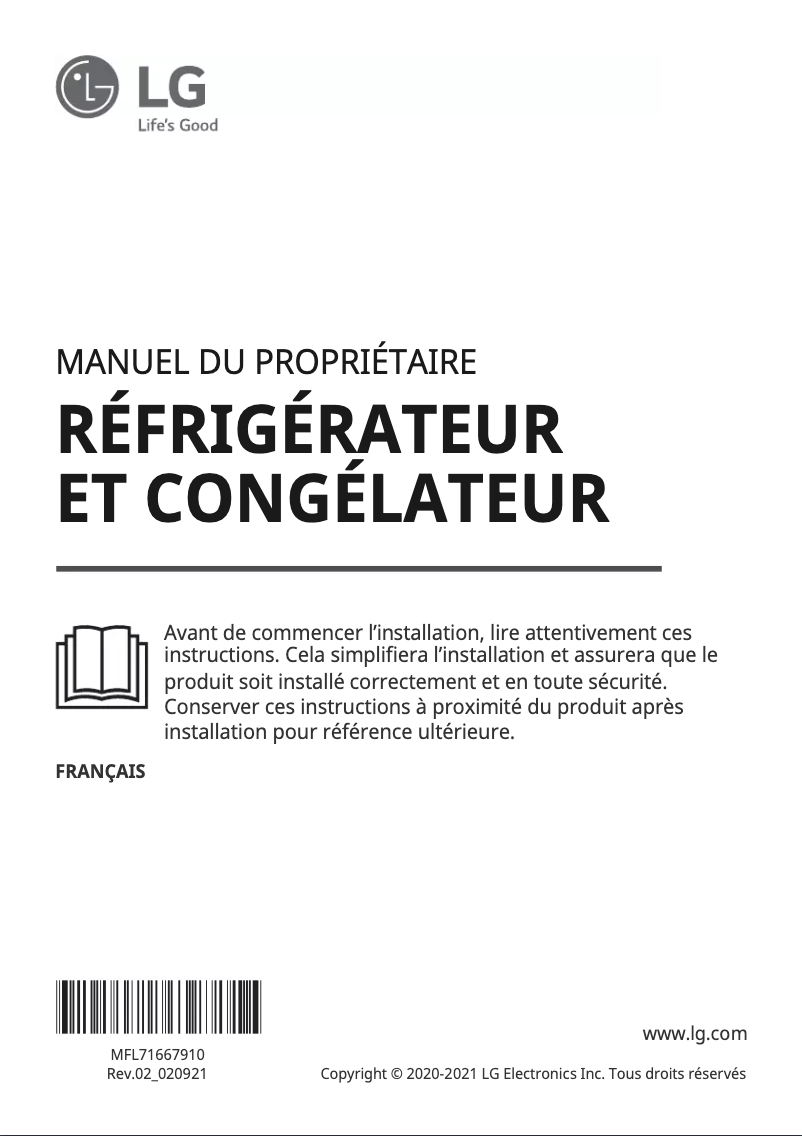 Page 1 de la notice Manuel utilisateur LG GR-X39FMKBL