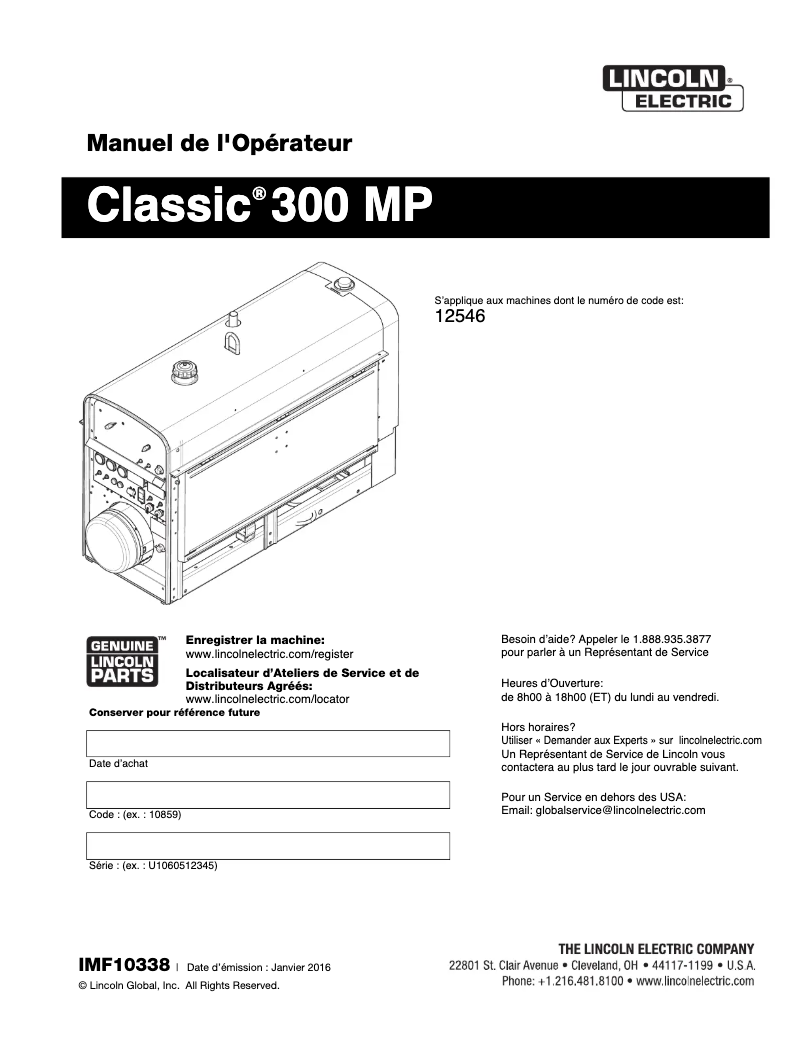 Page 1 de la notice Manuel utilisateur Lincoln Electric Classic 300 MP