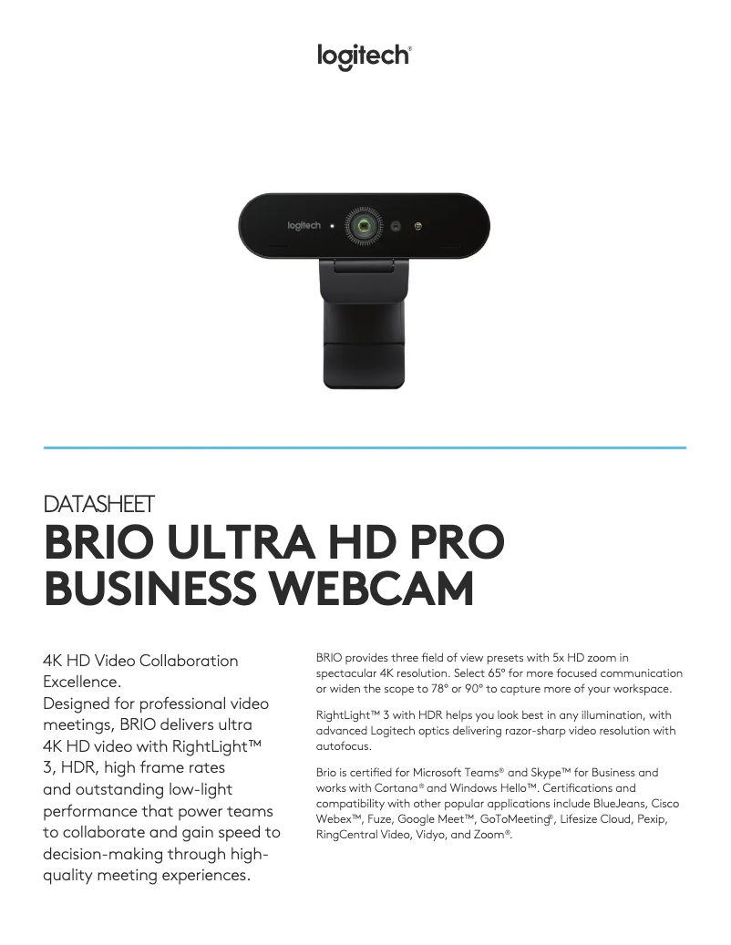 Page 1 de la notice Fiche technique Logitech 4K Pro Webcam