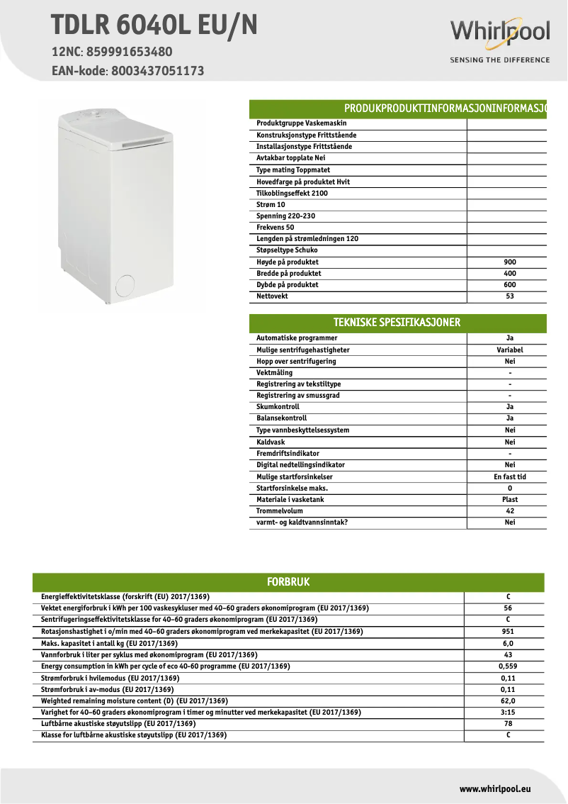Página 1 del manual Ficha técnica Whirlpool TDLR 6040L