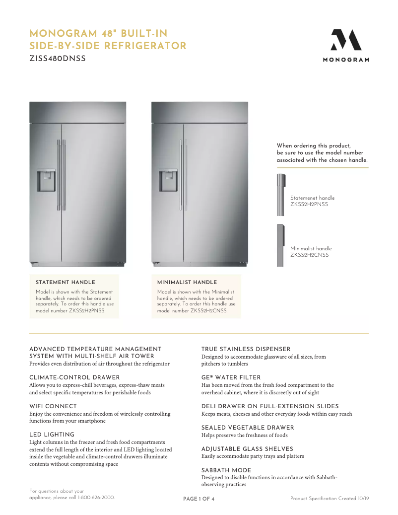 Page 1 de la notice Fiche technique Monogram ZISS480DNSS