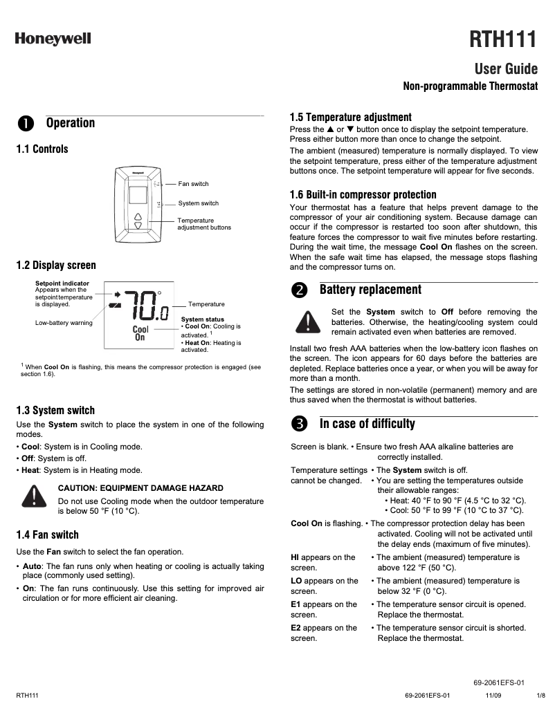 Page 1 de la notice Manuel utilisateur Honeywell RTH111