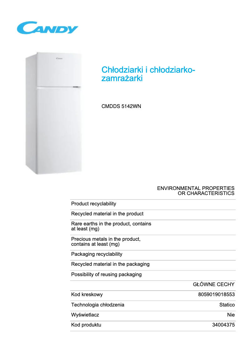 Page 1 de la notice Fiche technique Candy CMDDS 5142WN