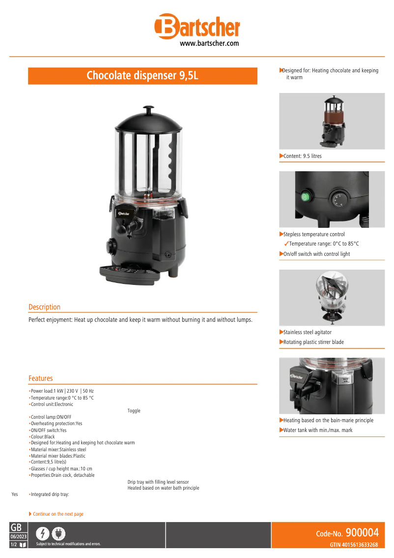Page 1 de la notice Fiche technique Bartscher 900004