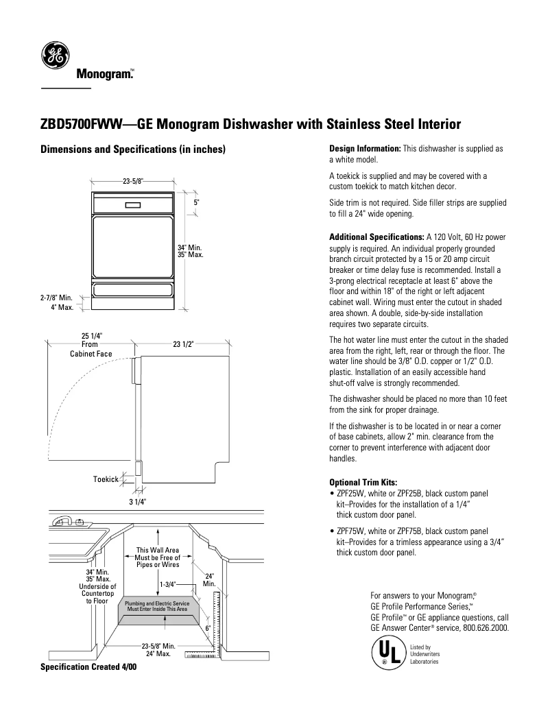 Page n°1 - Fiche technique GE ZBD5700FWW