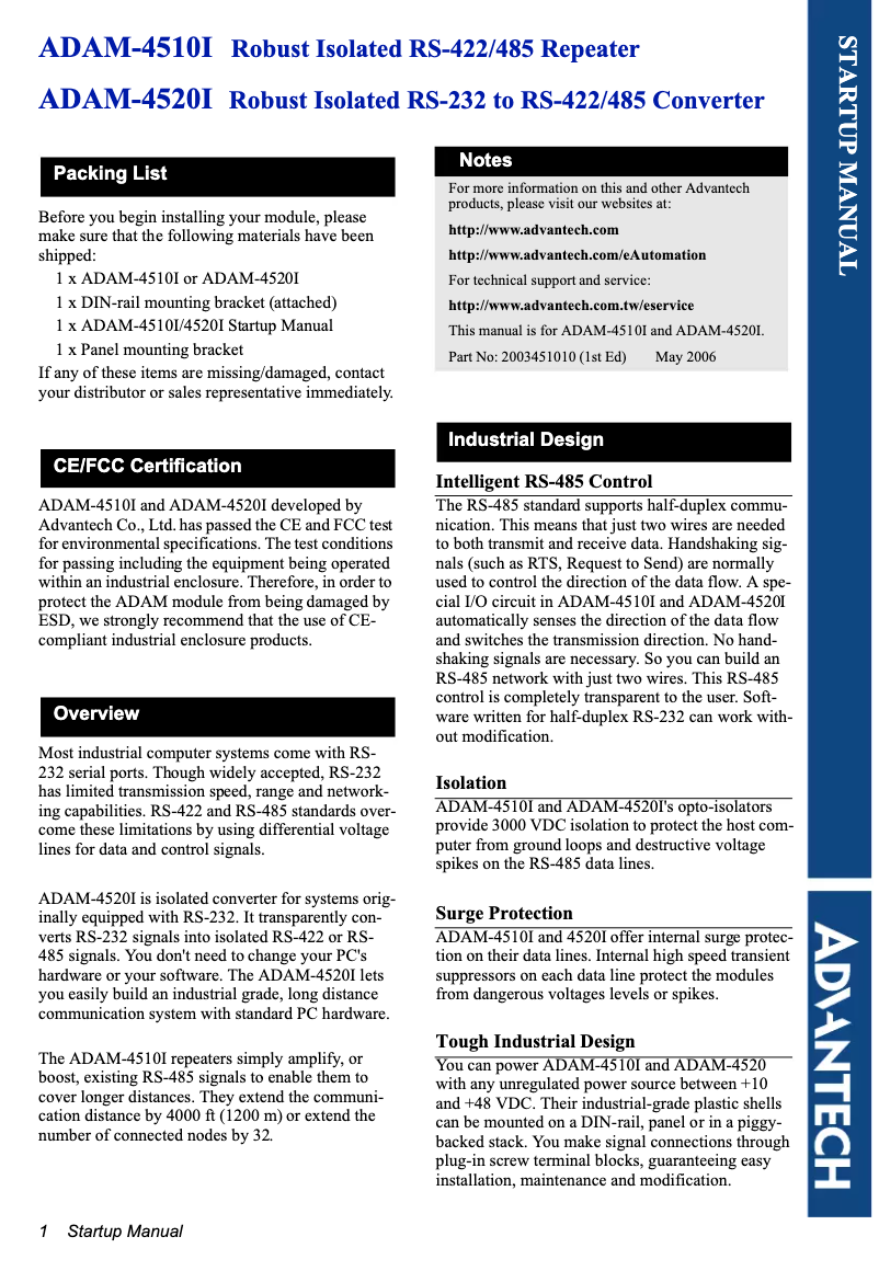 Page n°1 - Manuel utilisateur B&B Electronics ADAM-4510I