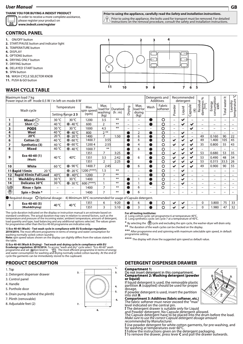 Page 1 de la notice Manuel d'utilisation et d'entretien Indesit BDE 76435 WSV EE