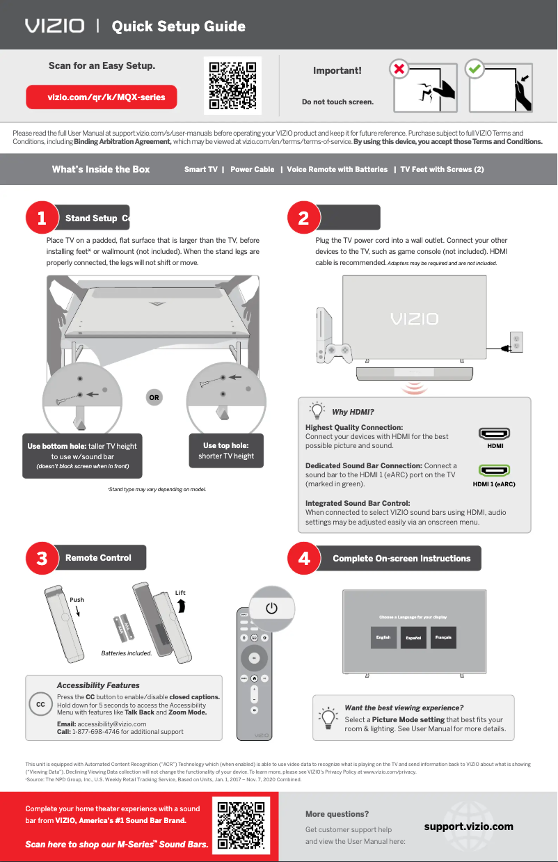 Page 1 de la notice Guide de démarrage rapide VIZIO M50QXM-K01