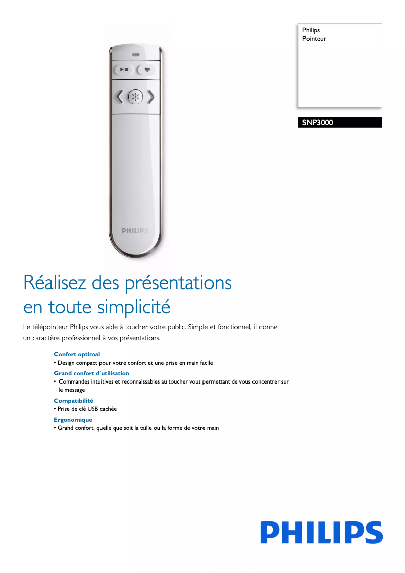 Page 1 de la notice Fiche technique Philips SNP3000