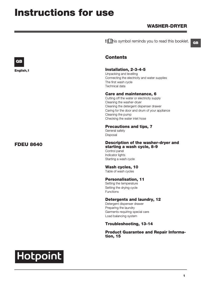 Page 1 de la notice Manuel utilisateur Hotpoint FDEU 8640 P UK
