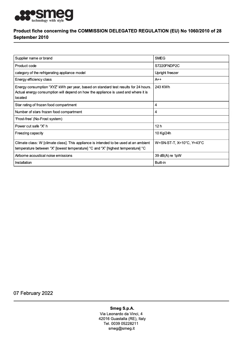 Page 1 de la notice Brochure Smeg S7220FNDP2C