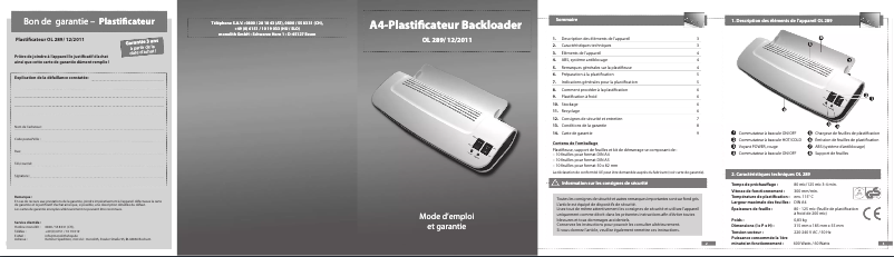 Page 1 de la notice Manuel utilisateur Monolith OL 289