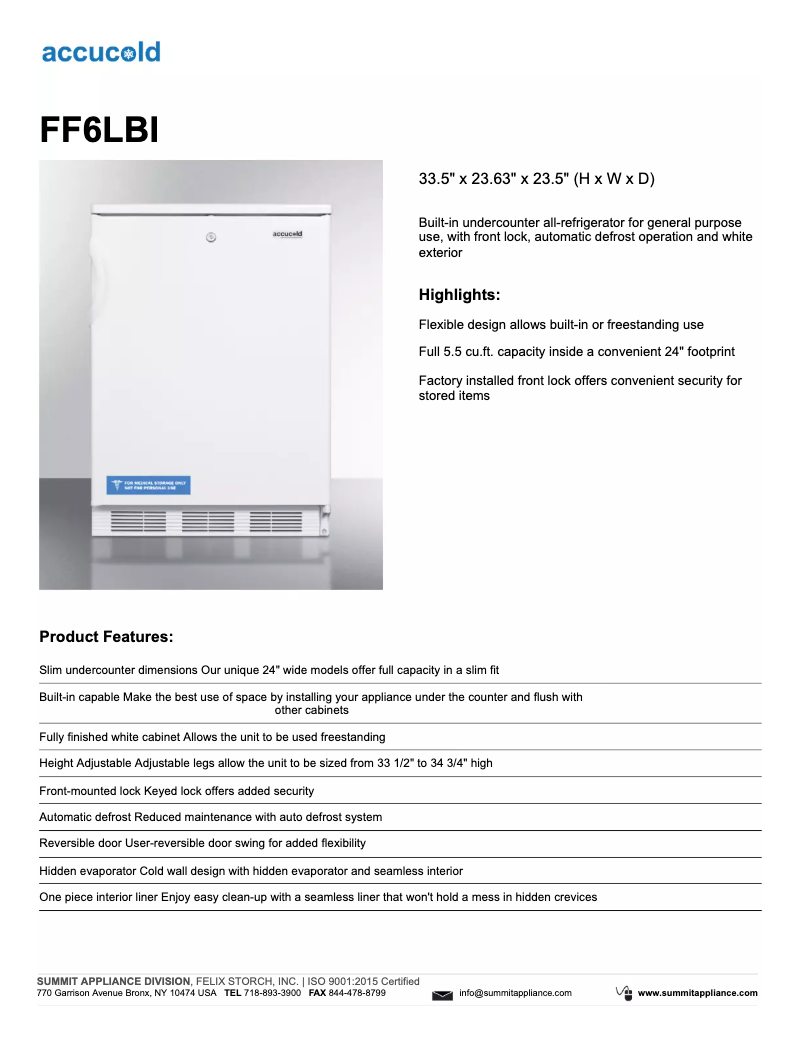 Page 1 de la notice Fiche technique Summit FF6LBI