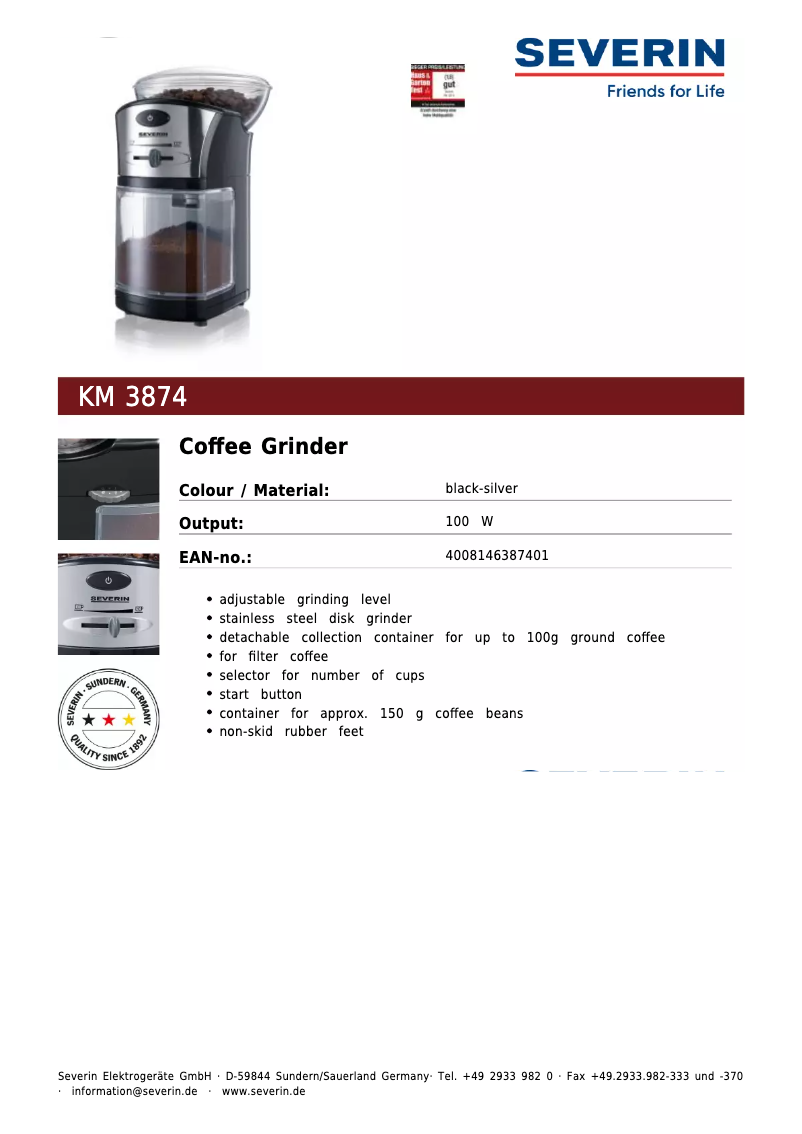 Page 1 de la notice Fiche technique Severin KM 3874