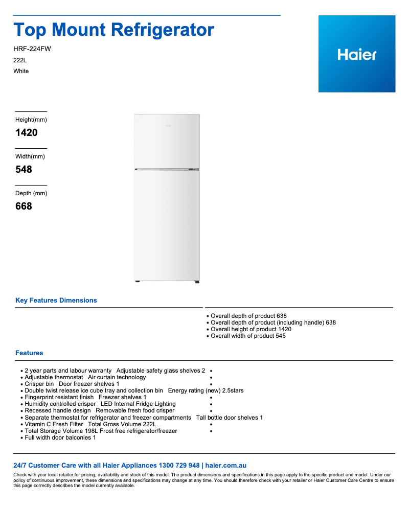 Page 1 de la notice Fiche technique Haier HRF224FW