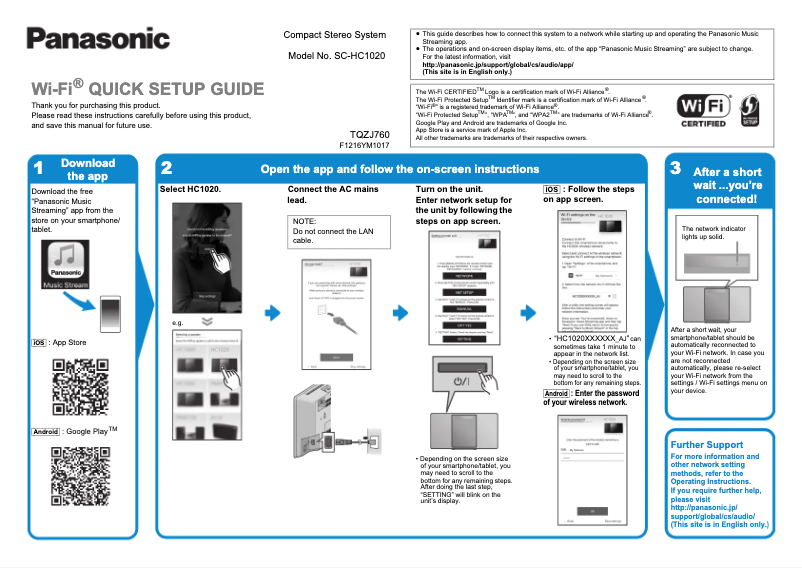 Page n°1 - Instructions / montage Panasonic SC-HC1020