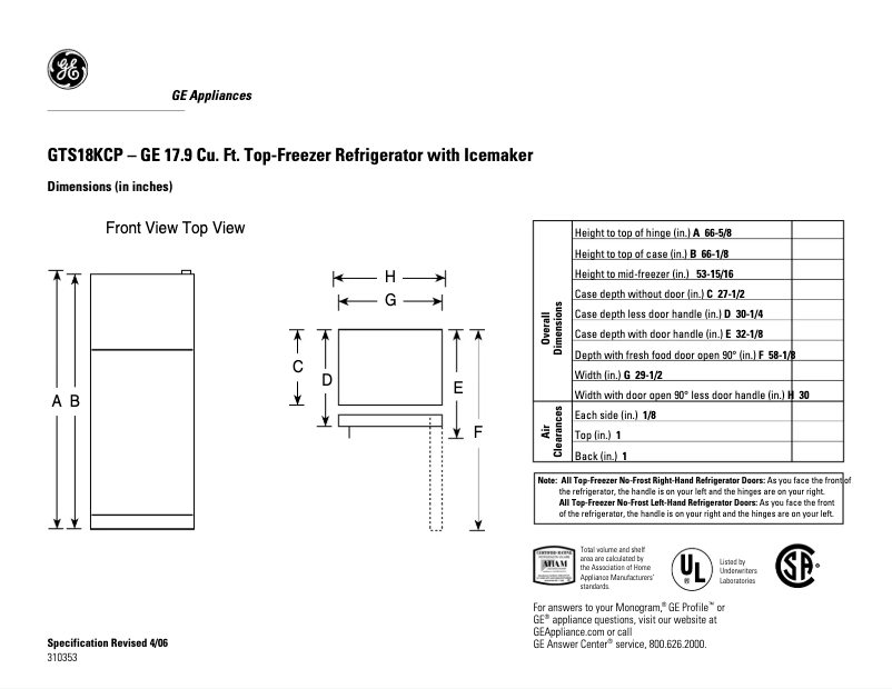 Page 1 de la notice Fiche technique GE GTS18KCPBB
