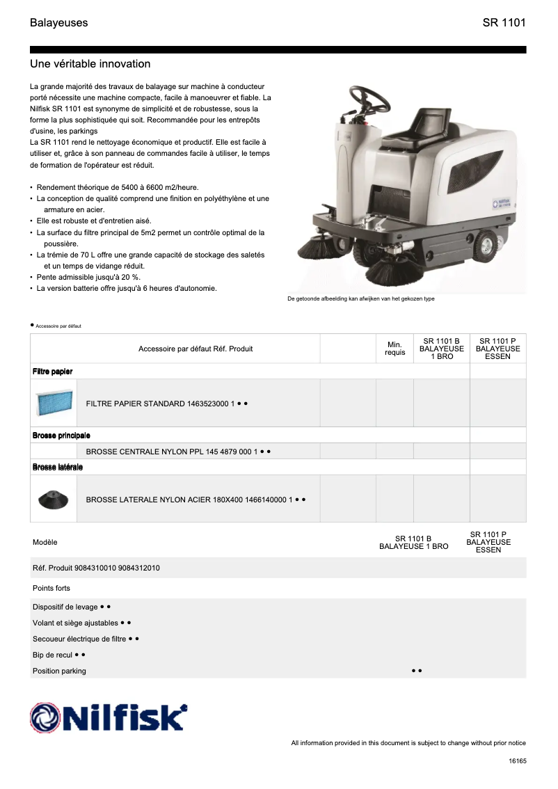 Page 1 de la notice Fiche technique Nilfisk SR 1101 B