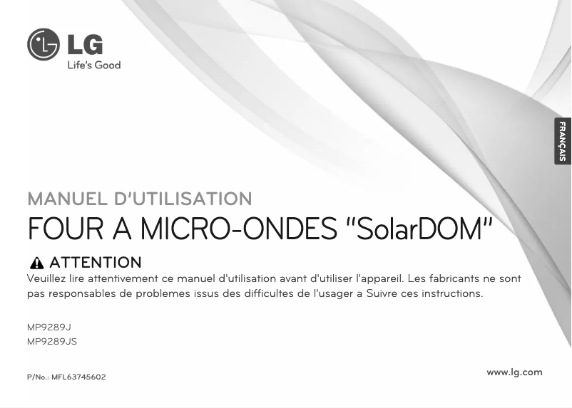 Page 1 de la notice Manuel utilisateur LG MP9289J