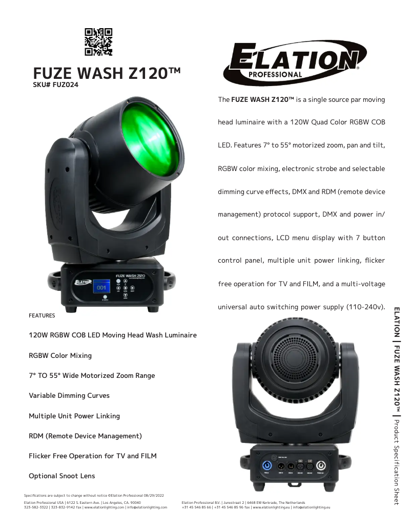 Page 1 de la notice Fiche technique Elation Fuze Wash Z120