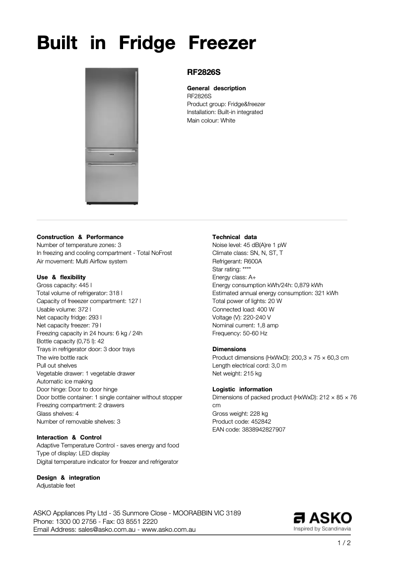 Page n°1 - Fiche technique Asko RF2826S