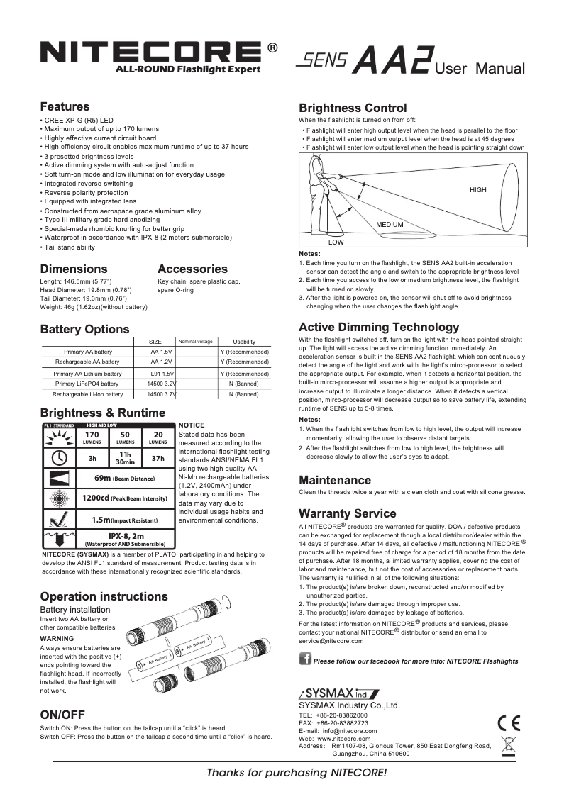 Page 1 de la notice Manuel utilisateur Nitecore SENS AA2