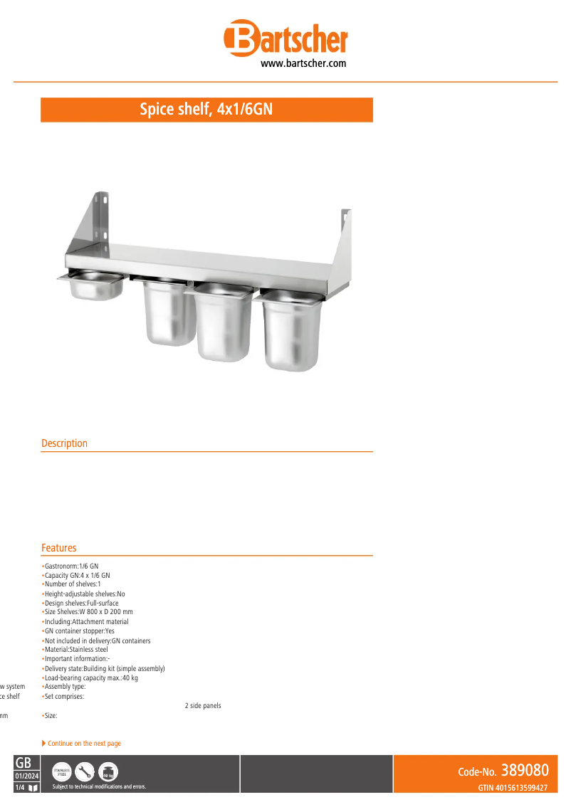 Page n°1 - Manuel utilisateur Bartscher 389080