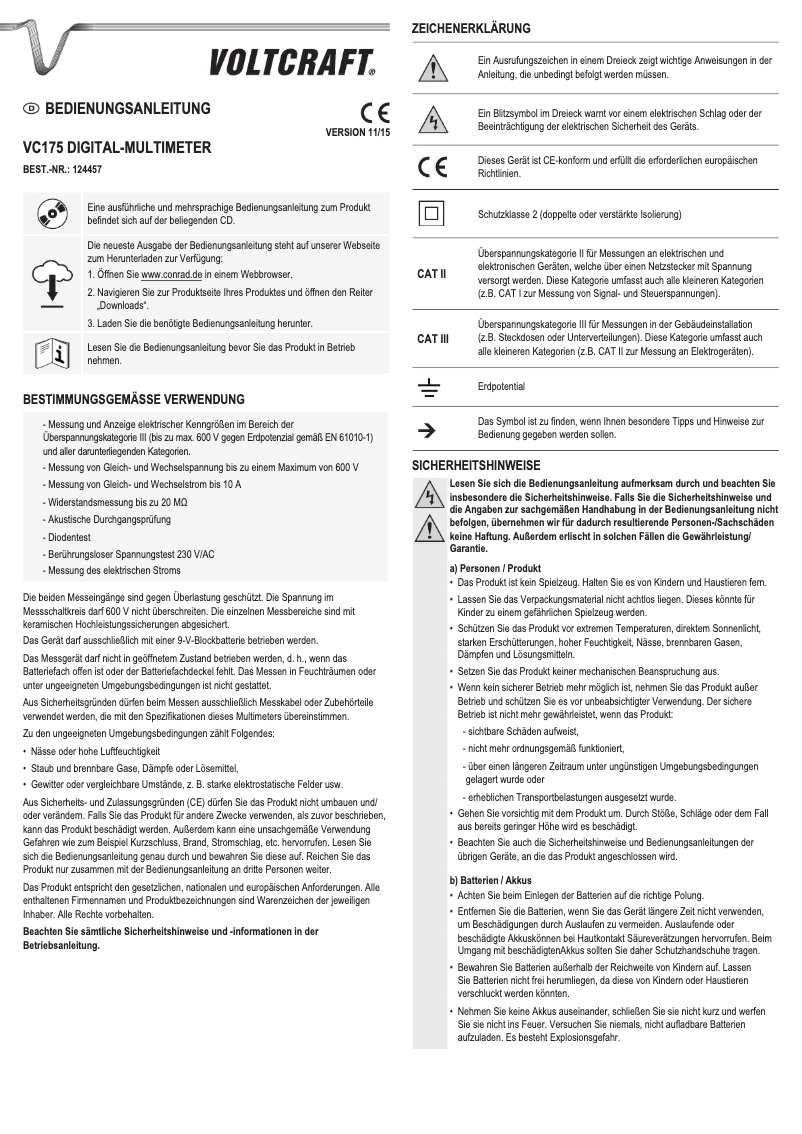 Page n°1 - Manuel utilisateur Voltcraft VC175