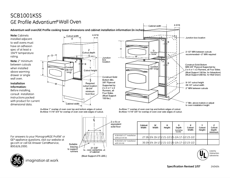 Page 1 de la notice Fiche technique GE SCB1001KSS