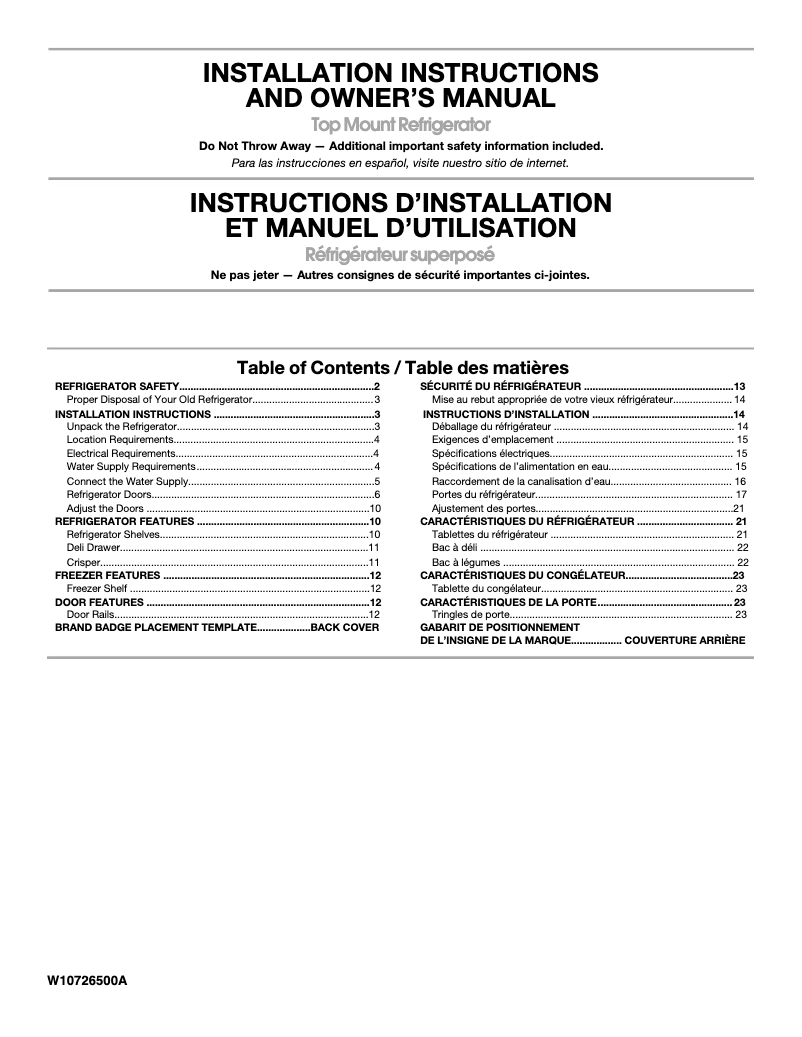 Page 1 de la notice Guide d'installation Whirlpool WRT104TFD