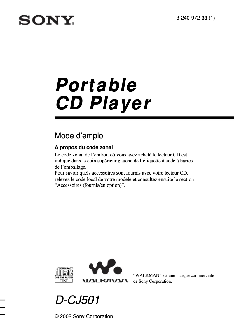 Image de la première page du manuel de l'appareil Walkman D-CJ501
