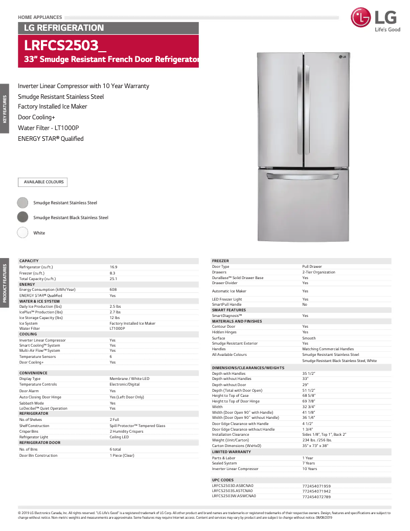 Page 1 de la notice Fiche technique LG LRFCS2503W