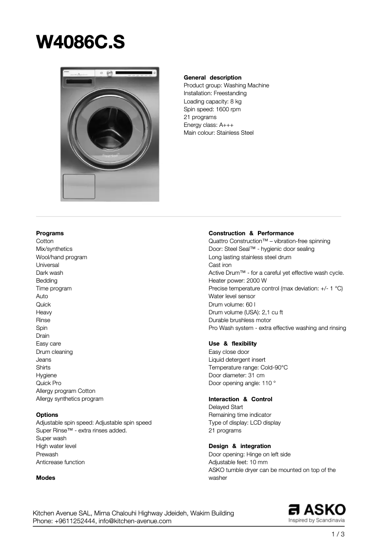 Page 1 de la notice Fiche technique Asko W4086C.S