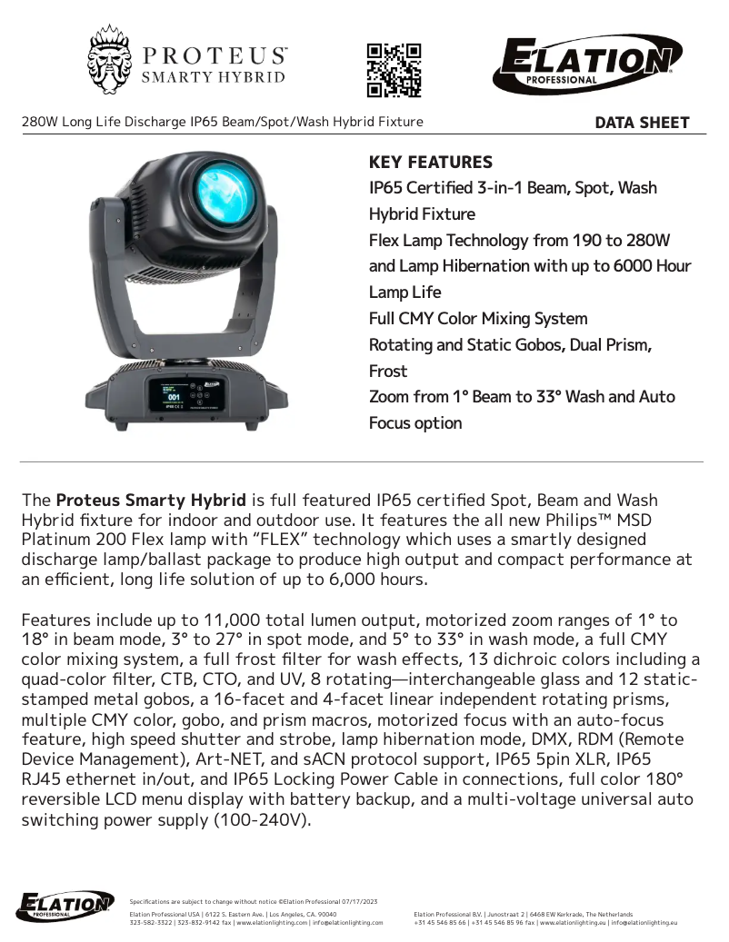 Page 1 de la notice Fiche technique Elation Proteus Smarty Hybrid