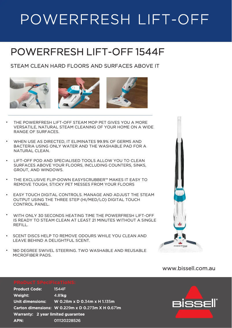 Page 1 de la notice Fiche technique Bissell PowerFresh Lift-Off 544F