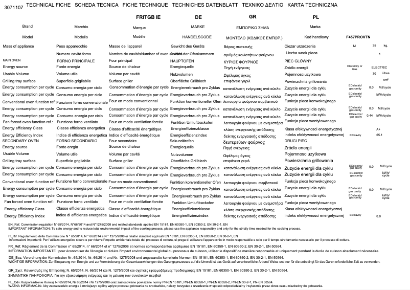 Page 1 de la notice Fiche technique Bertazzoni F457PROVTX