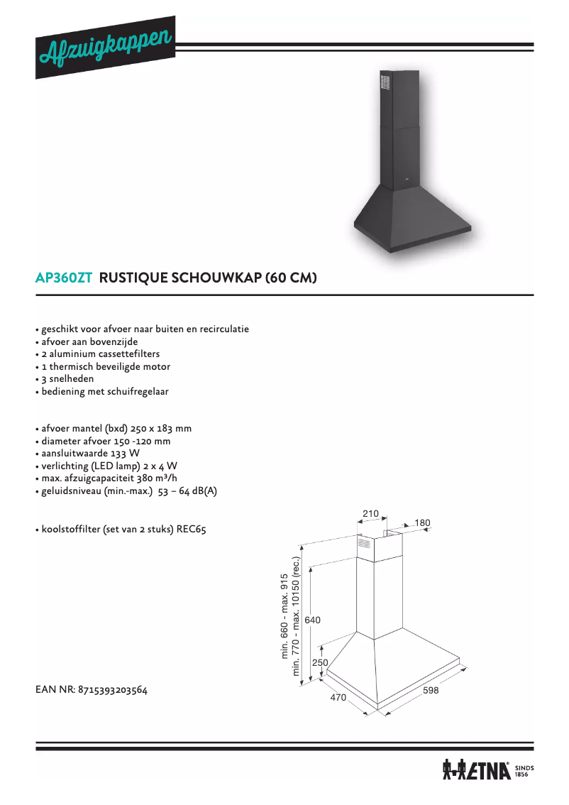 Page 1 de la notice Fiche technique Etna AP360ZT