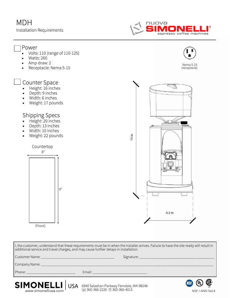 Page n°1 - Fiche technique Nuova Simonelli MDH