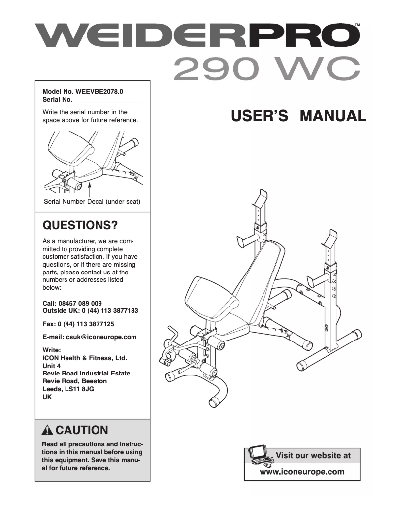 Page n°1 - Manuel utilisateur Weider Pro 290 WC