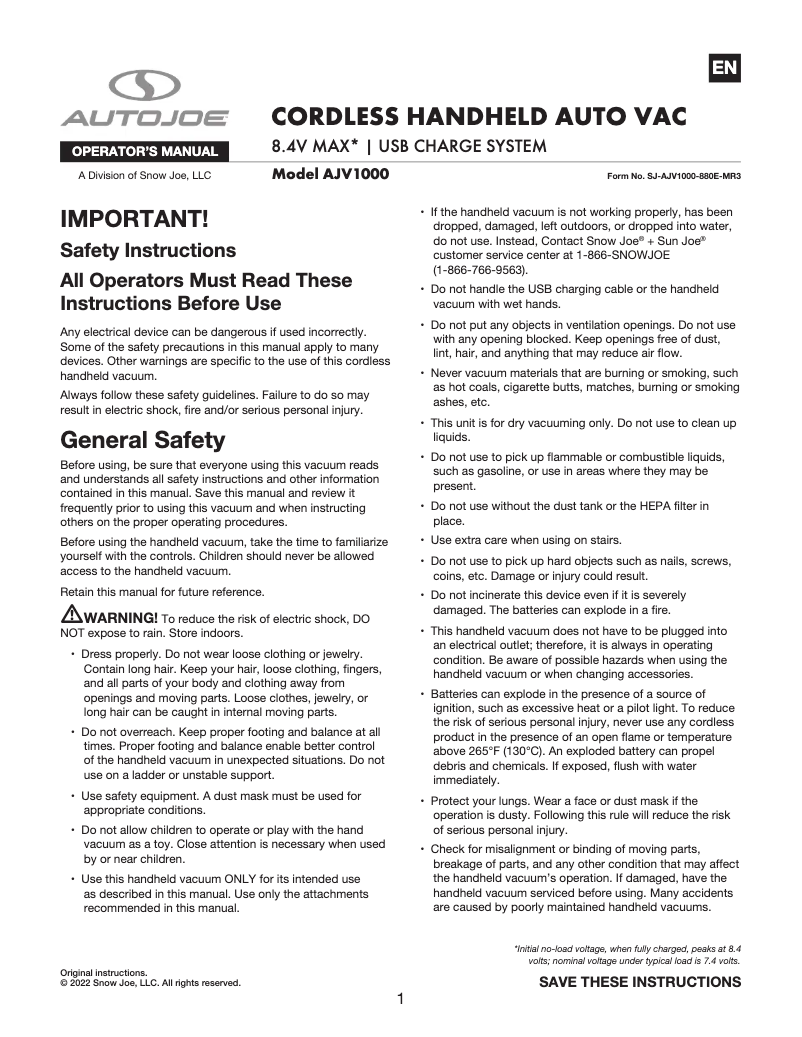 Page 1 de la notice Manuel utilisateur Auto Joe AJV1000