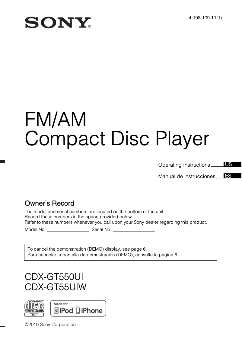 Page 1 de la notice Manuel utilisateur Sony CDX-GT55UIW