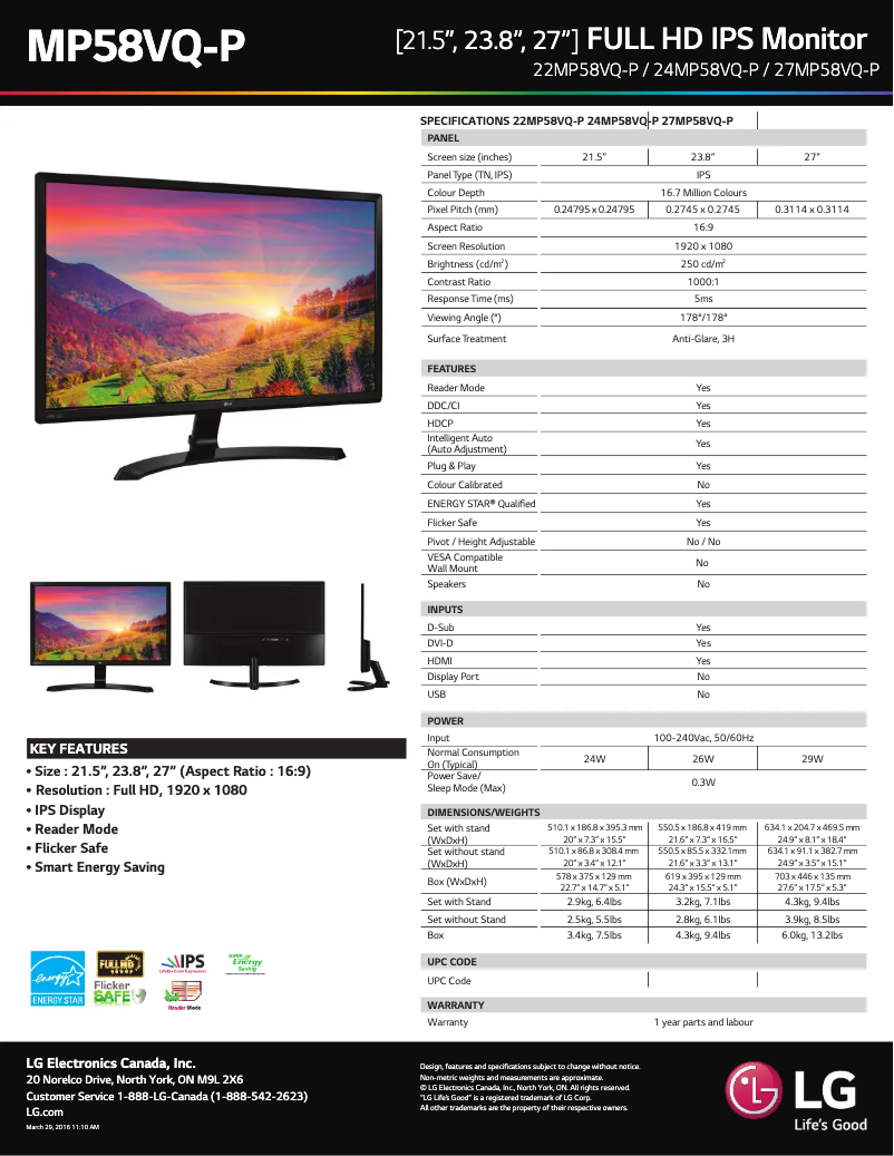 Page 1 de la notice Fiche technique LG 27MP58VQ-P