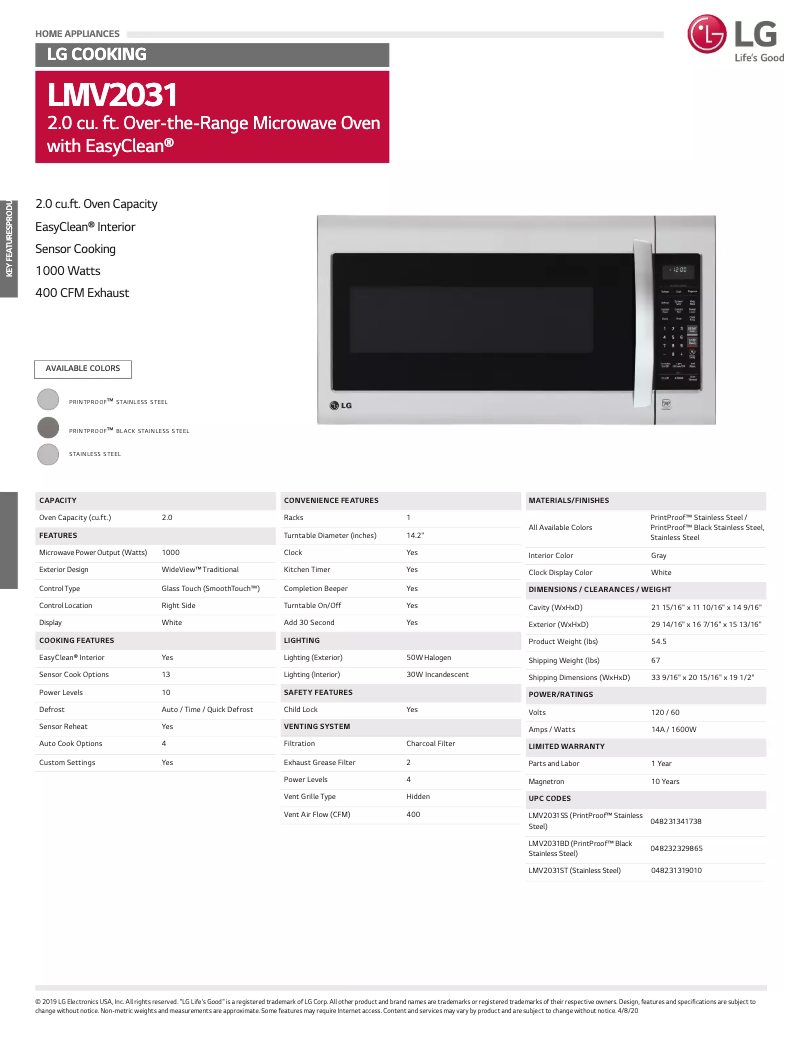 Page 1 de la notice Fiche technique LG LMV1831SS