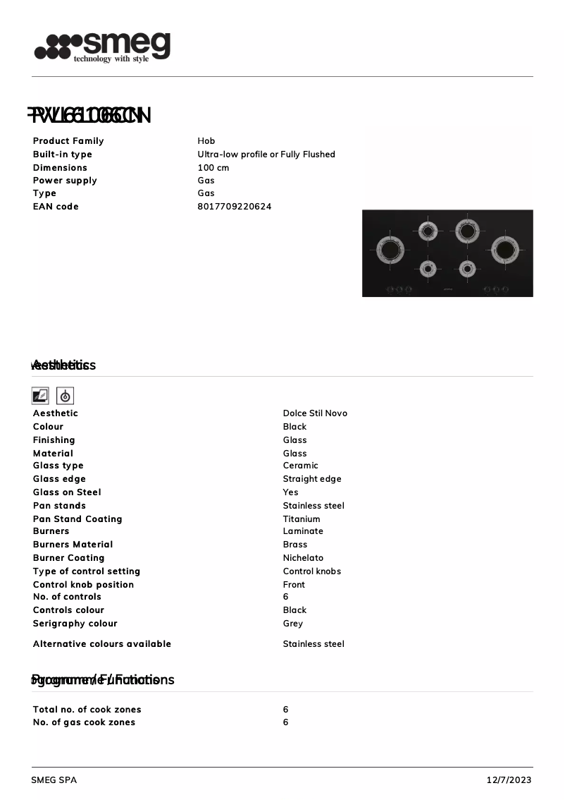 Page 1 de la notice Fiche technique Smeg PVL6106CN