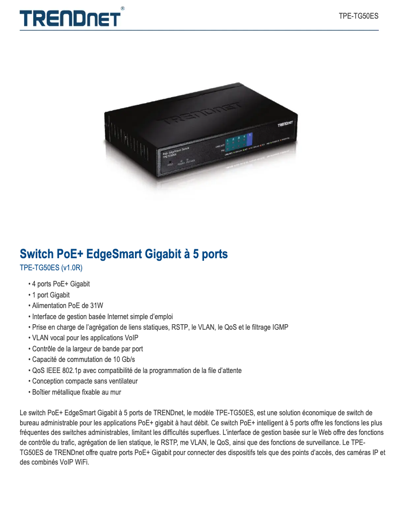 Page 1 de la notice Fiche technique TRENDnet TPE-TG50ES