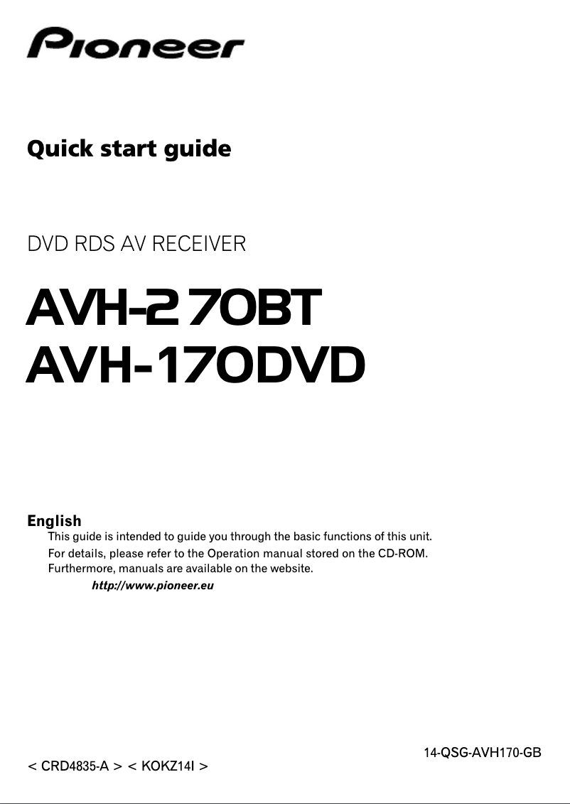 Page 1 de la notice Guide de démarrage rapide Pioneer AVH-170DVD