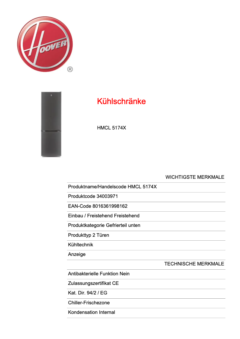 Page n°1 - Fiche technique Hoover H-FRIDGE 300 HMCL 5174X