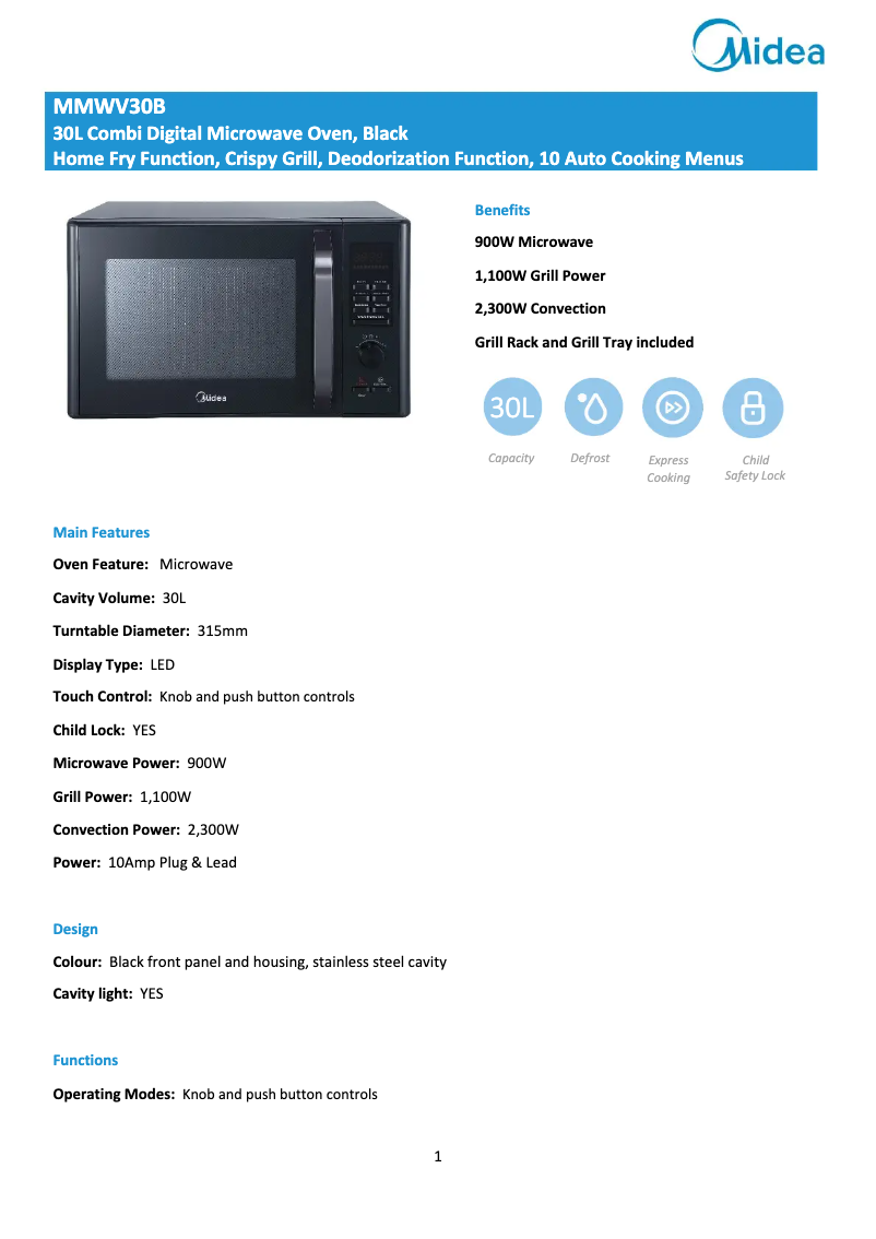Page 1 de la notice Fiche technique Midea MMWV30B