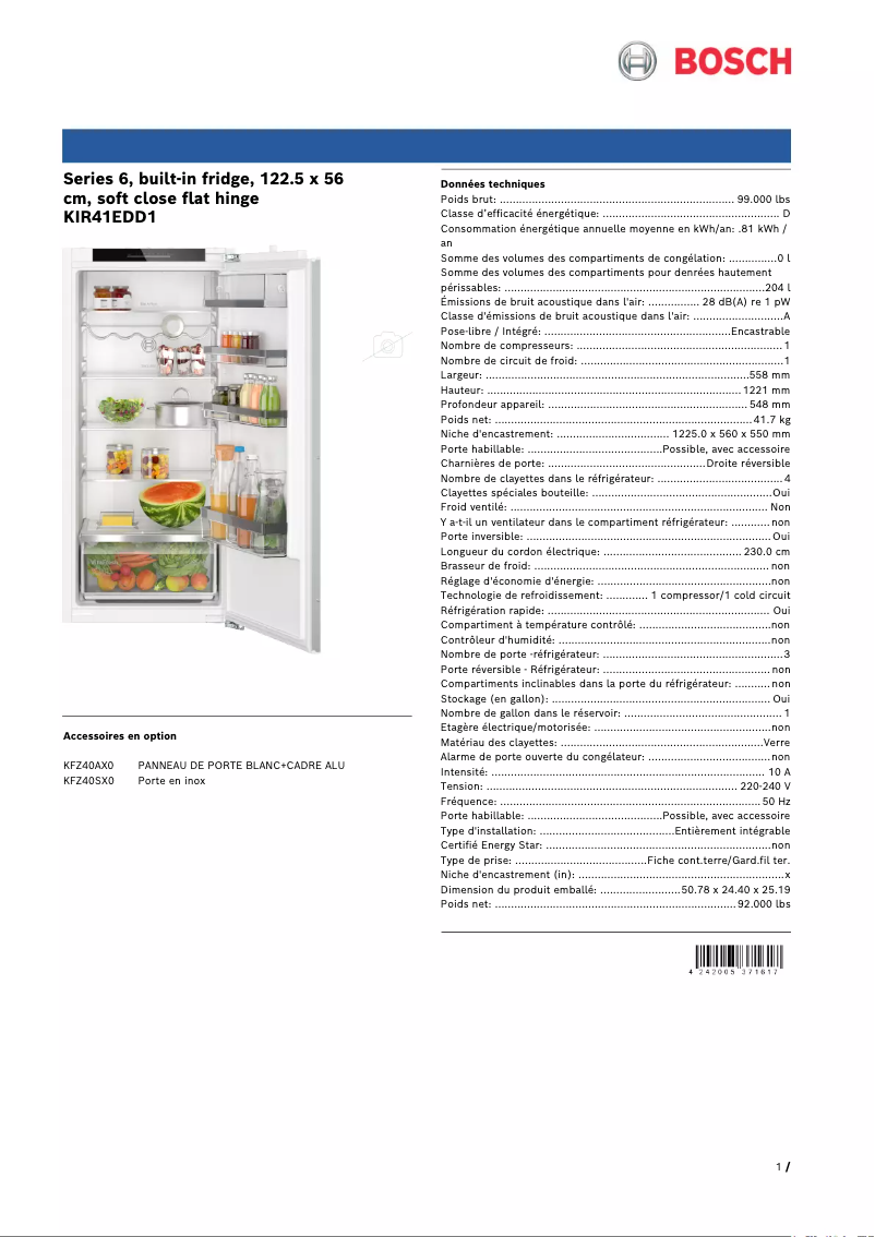 Page n°1 - Fiche technique Bosch KIR41EDD1